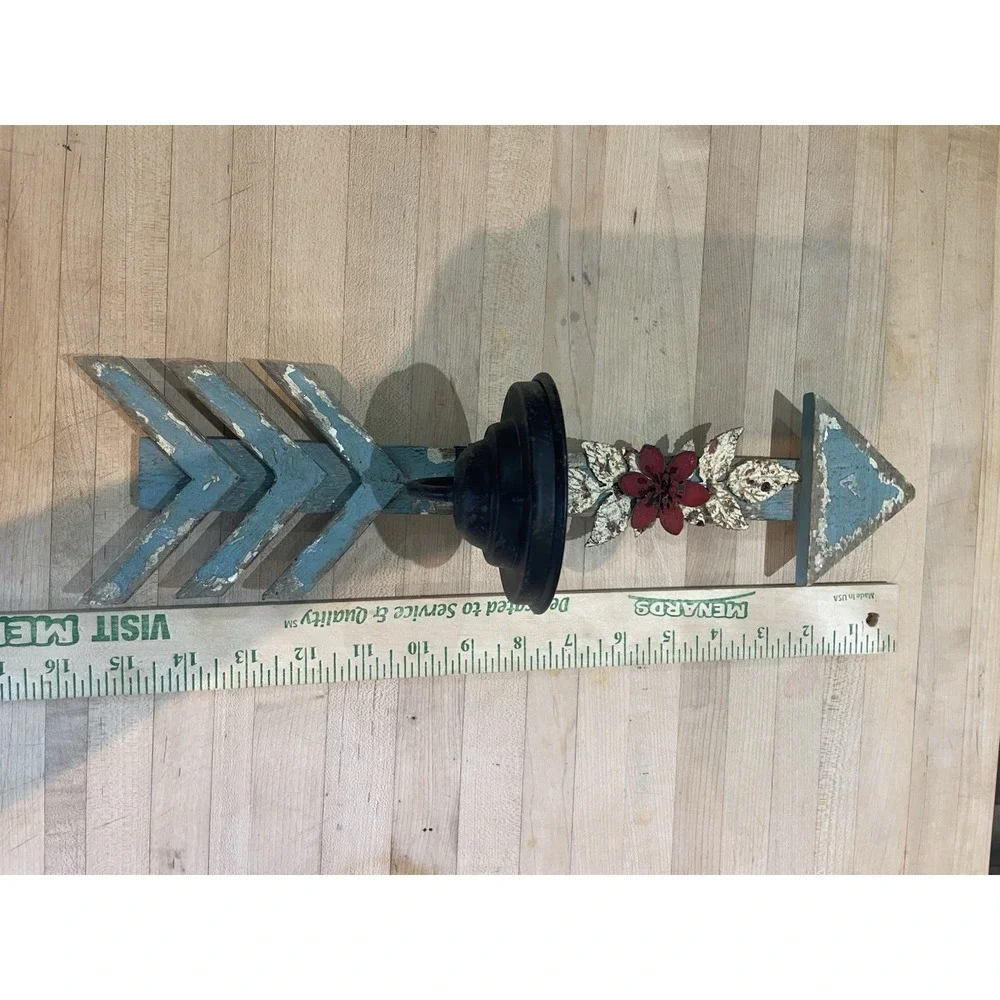 Folk Art Wood Arrow Shaped Candle Sconce Metal Flower Motif & Folding Cup 15.5